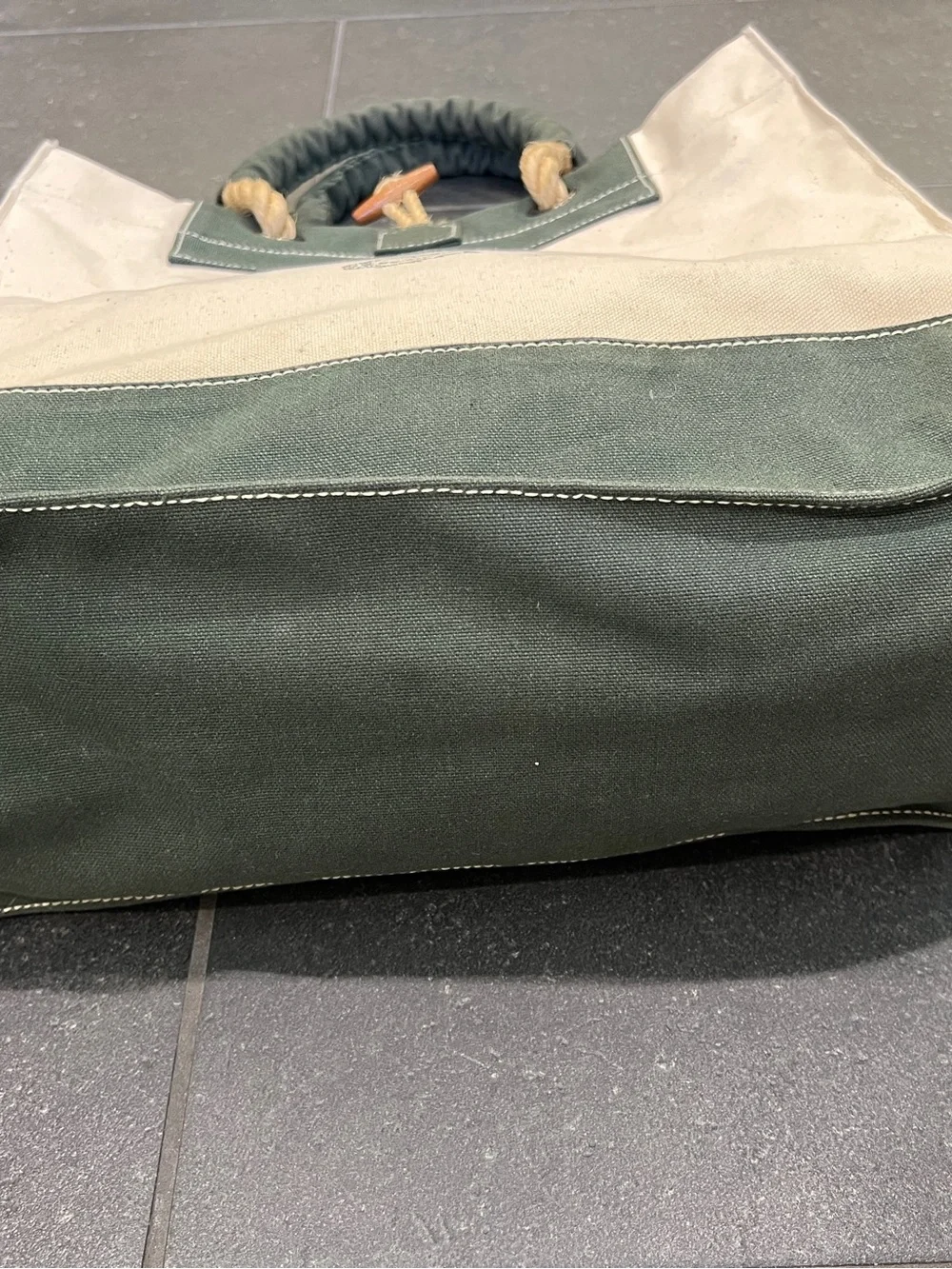 Wathne Cream and Dark Green Canvas Tote with Rope Handles